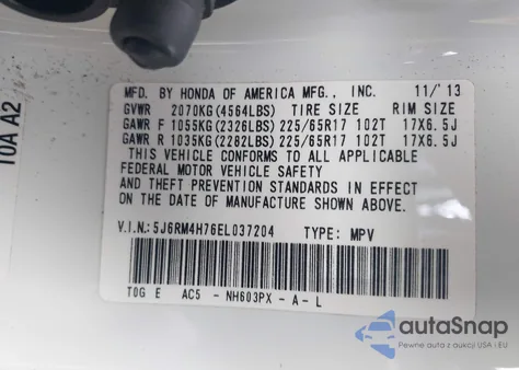 2014 Honda Cr-V Ex-L z USA, uszkodzony, nr VIN 5J6RM4H76EL037204